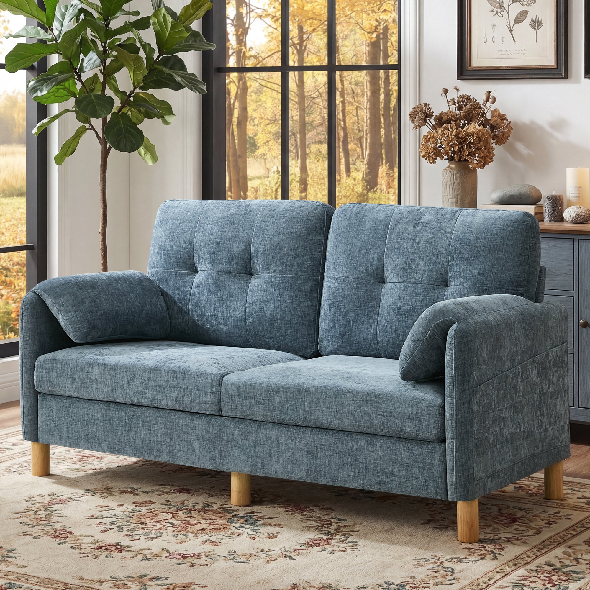 Modern Loveseat Sofa，Chenille ，Blue