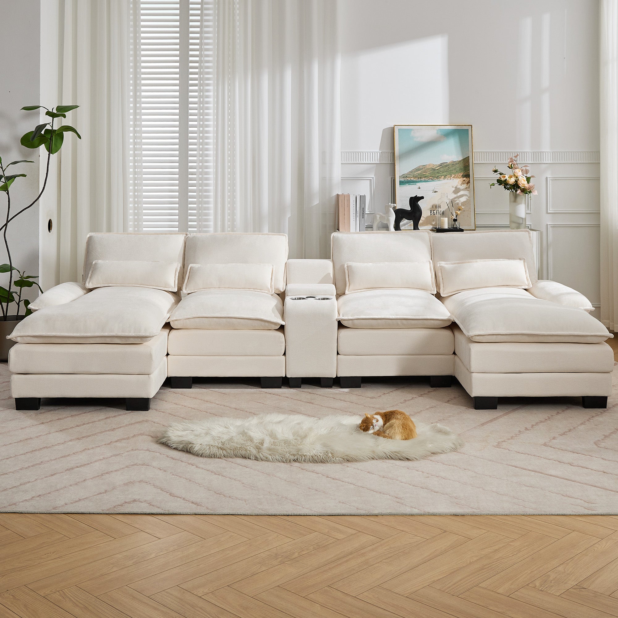 U Shaped Cloud Modular Sofa with Chaise Lounges，Beige