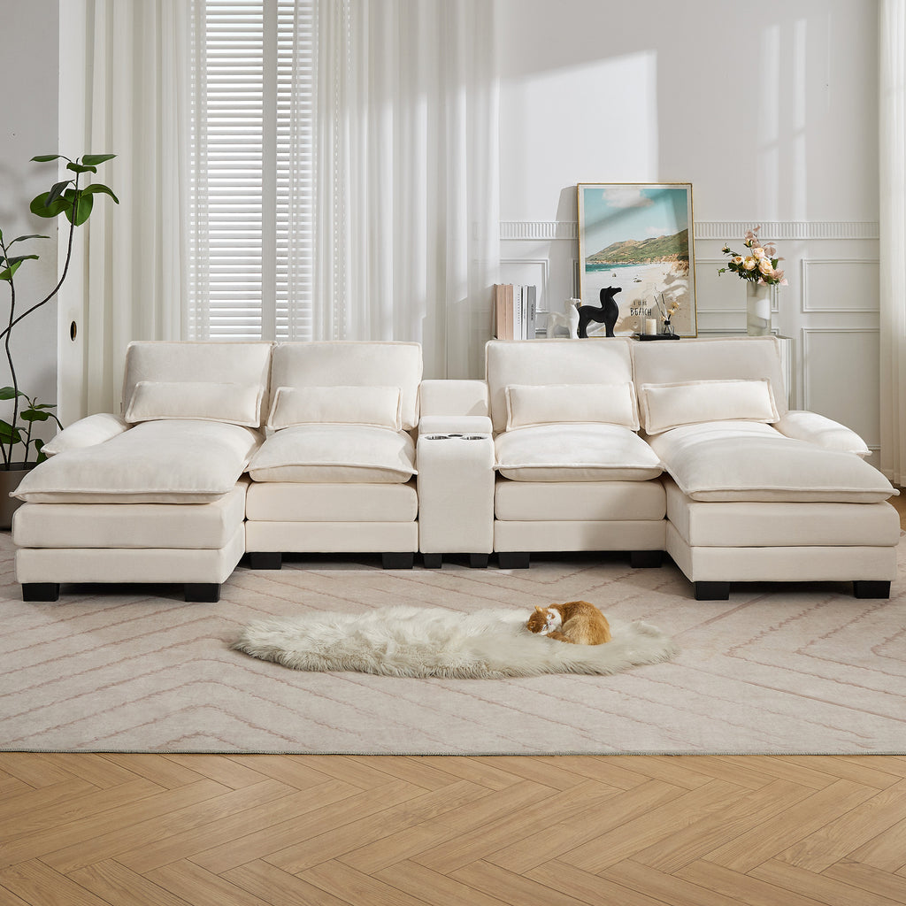125'' U Shaped Cloud Modular Sectional Sofa with Chaise Lounges, Chenille Upholstered Comfy Couch with Storage Console, USB Charging Ports & Cup Holders, Modern Deep Seat Sofa for Living Room