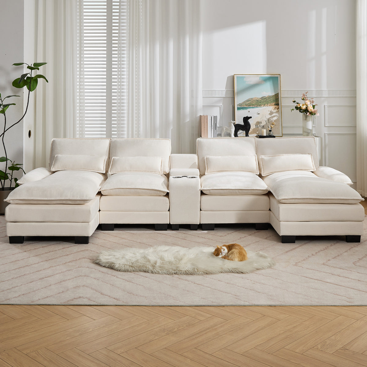 125'' U Shaped Cloud Modular Sectional Sofa with Chaise Lounges, Chenille Upholstered Comfy Couch with Storage Console, USB Charging Ports & Cup Holders, Modern Deep Seat Sofa for Living Room