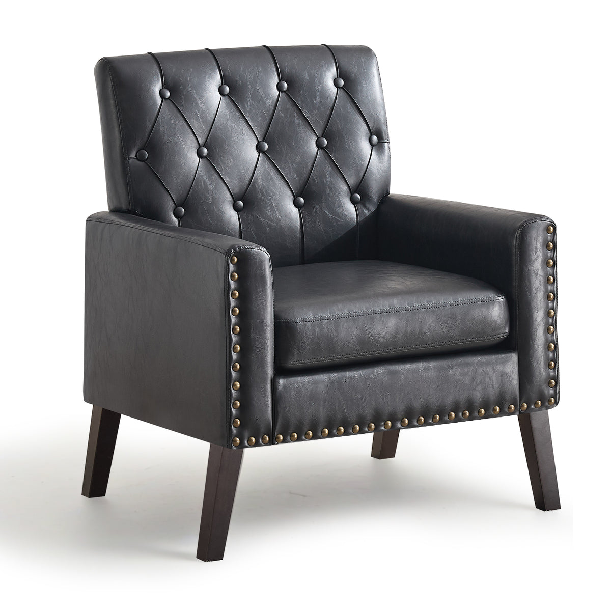 Mid Century Modern Accent Chair, Black Faux Leather Club Chair for Living Room, Bedroom, Office, or Reception Room