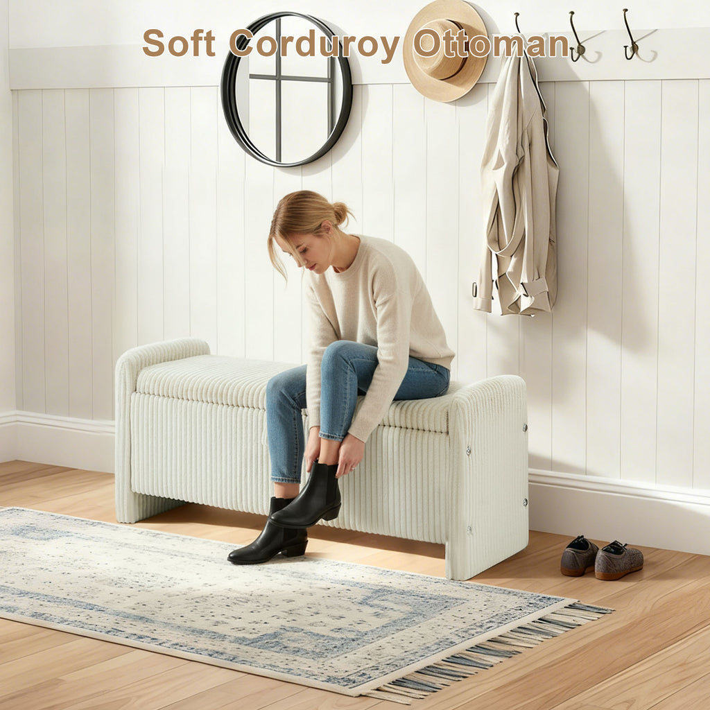 44'' Corduroy Storage Ottoman Bench, Beige