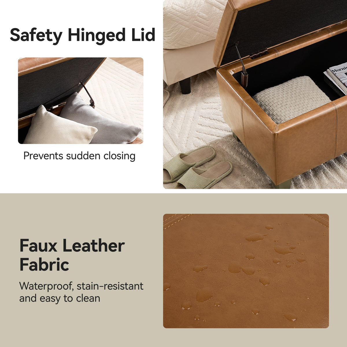 Faux Leather Storage Ottoman Bench, Rectangle Upholstered Storage Bench with Wooden Legs, Stitch Tufted Bench with Storage for Bedroom, Living Room, Entryway