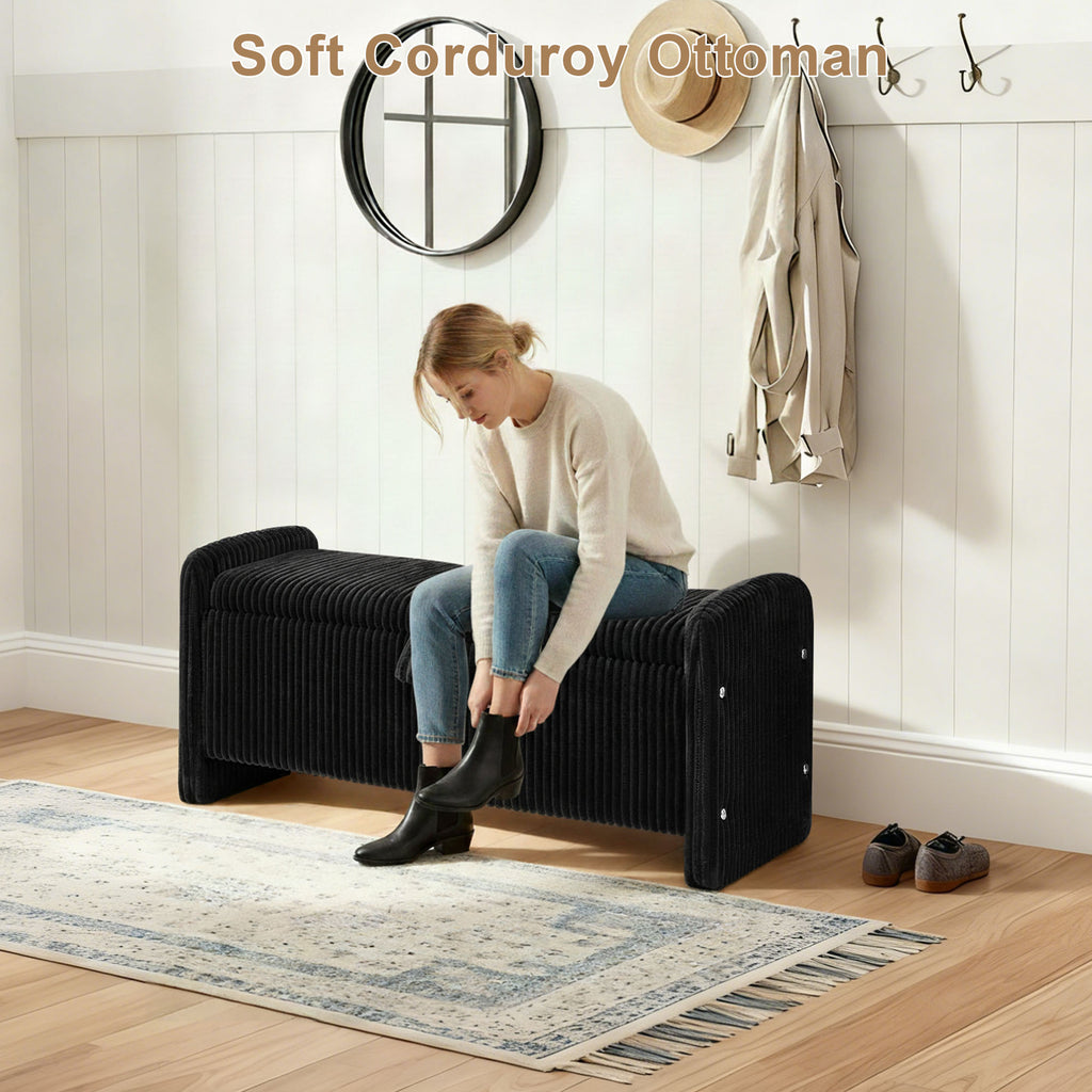 44'' Corduroy Storage Ottoman Bench, Black