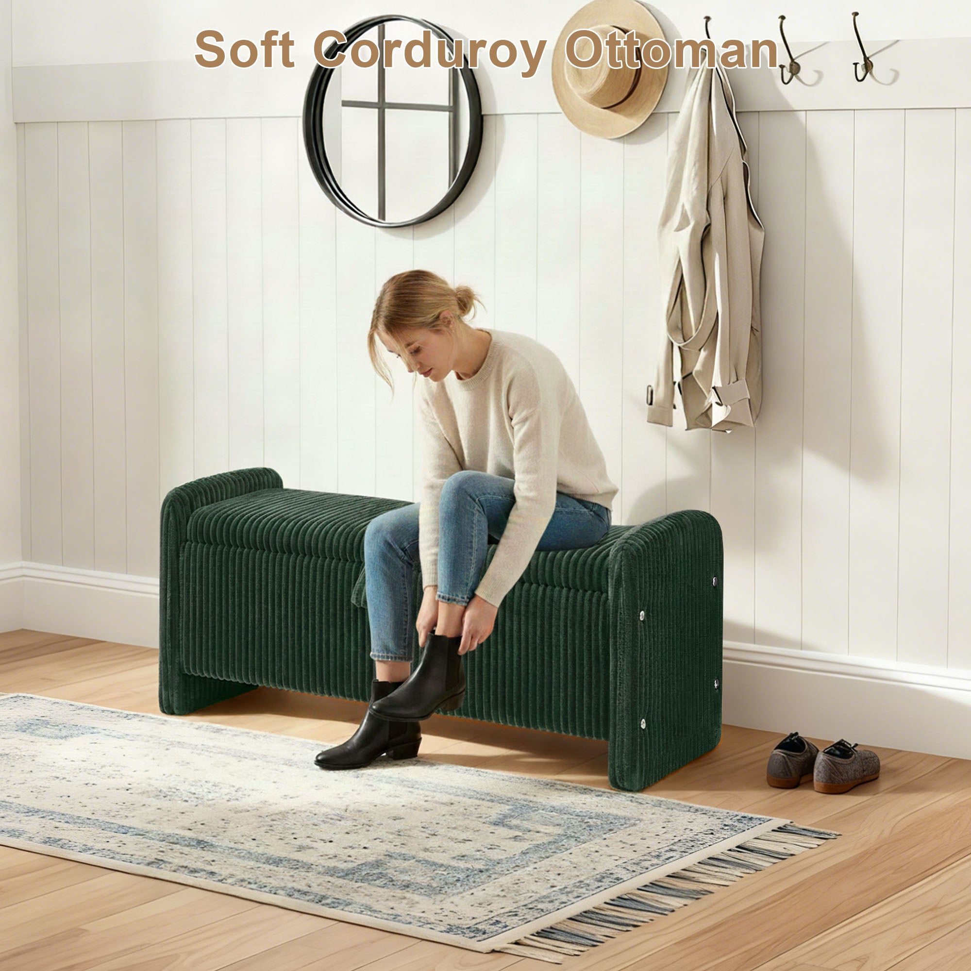 44'' Corduroy Storage Ottoman Bench, Green