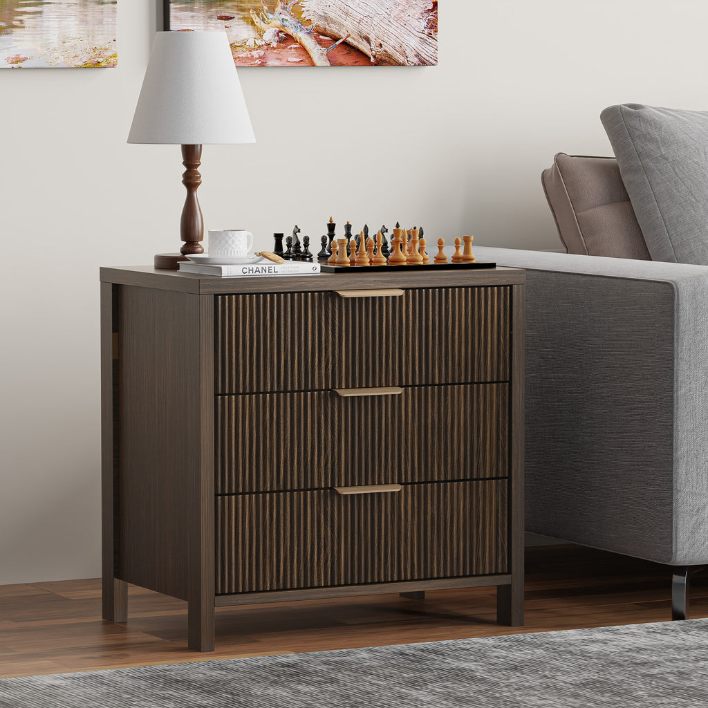 Fluted Nightstand with 3 Drawers, Mid-Century Modern Bedside Table, 23.7'' Wide Wood End Table for Bedroom, Walnut Finish