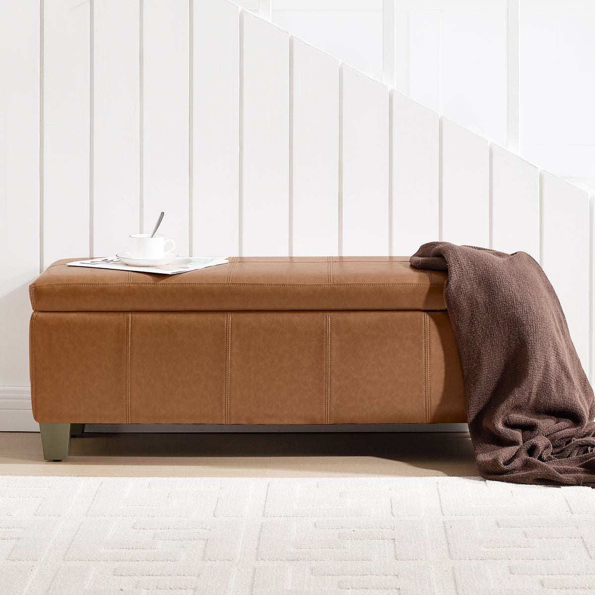 Faux Leather Storage Ottoman Bench, Rectangle Upholstered Storage Bench with Wooden Legs, Stitch Tufted Bench with Storage for Bedroom, Living Room, Entryway