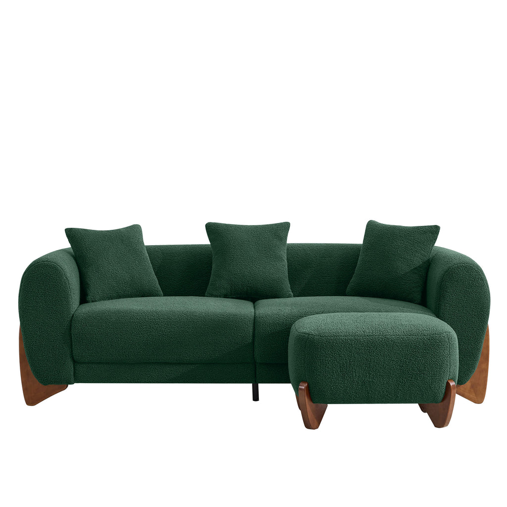 87" Sherpa Boucle Cloud Couch with Ottoman，Green
