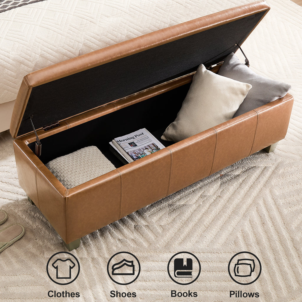 Faux Leather Storage Ottoman Bench, Rectangle Upholstered Storage Bench with Wooden Legs, Stitch Tufted Bench with Storage for Bedroom, Living Room, Entryway