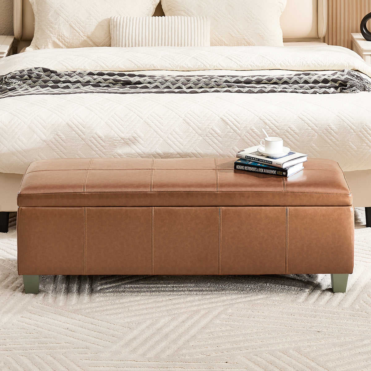 Faux Leather Storage Ottoman Bench, Rectangle Upholstered Storage Bench with Wooden Legs, Stitch Tufted Bench with Storage for Bedroom, Living Room, Entryway