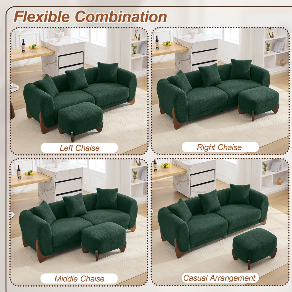 87" Sherpa Boucle Cloud Couch with Ottoman，Green