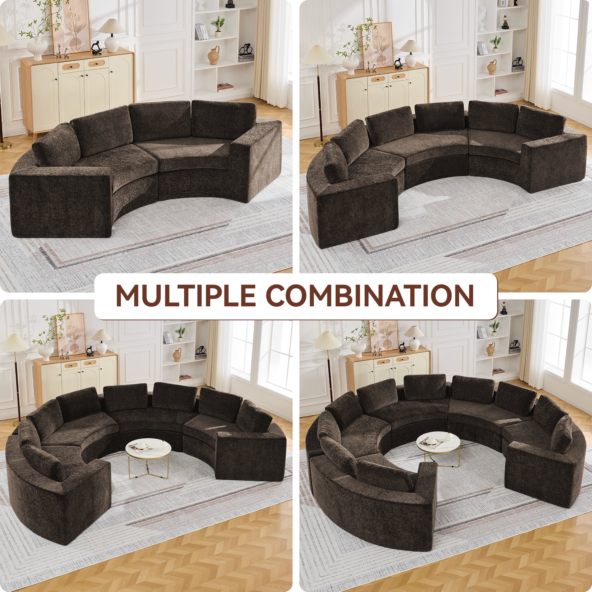 Curved Compression Sectional Couch，4 Seater，Brown
