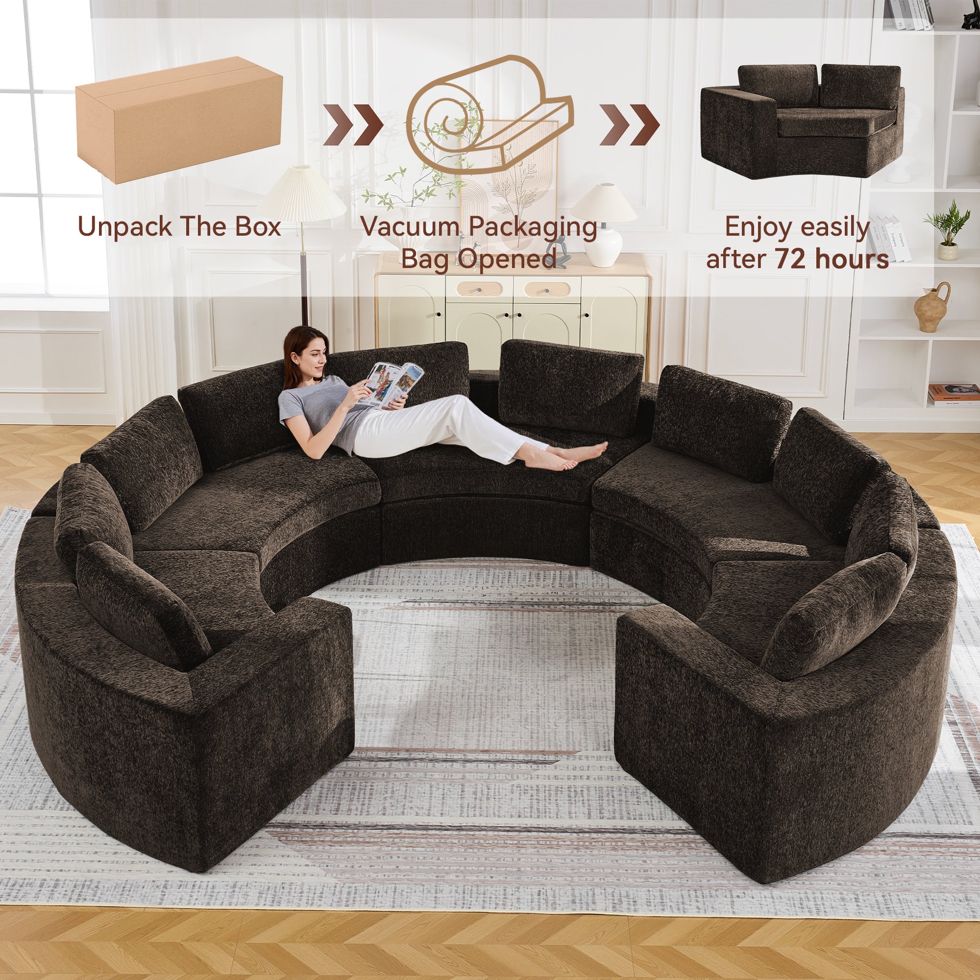Curved Compression Sectional Couch，10 Seater，Brown