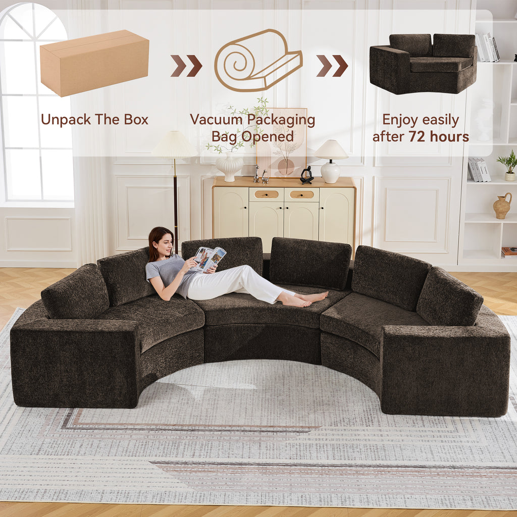 Curved Compression Sectional Couch，6 Seater，Brown