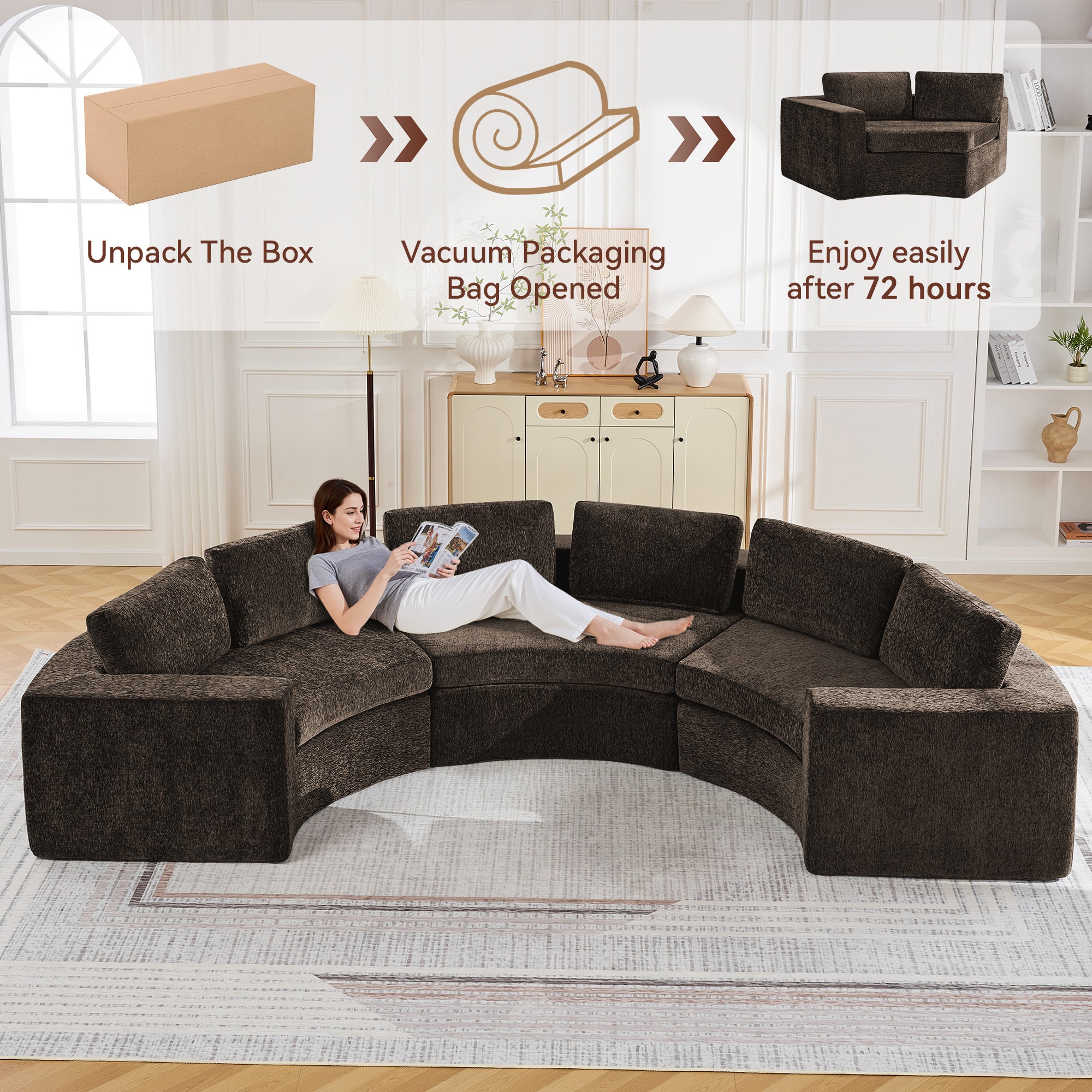 Curved Compression Sectional Couch，6 Seater，Brown