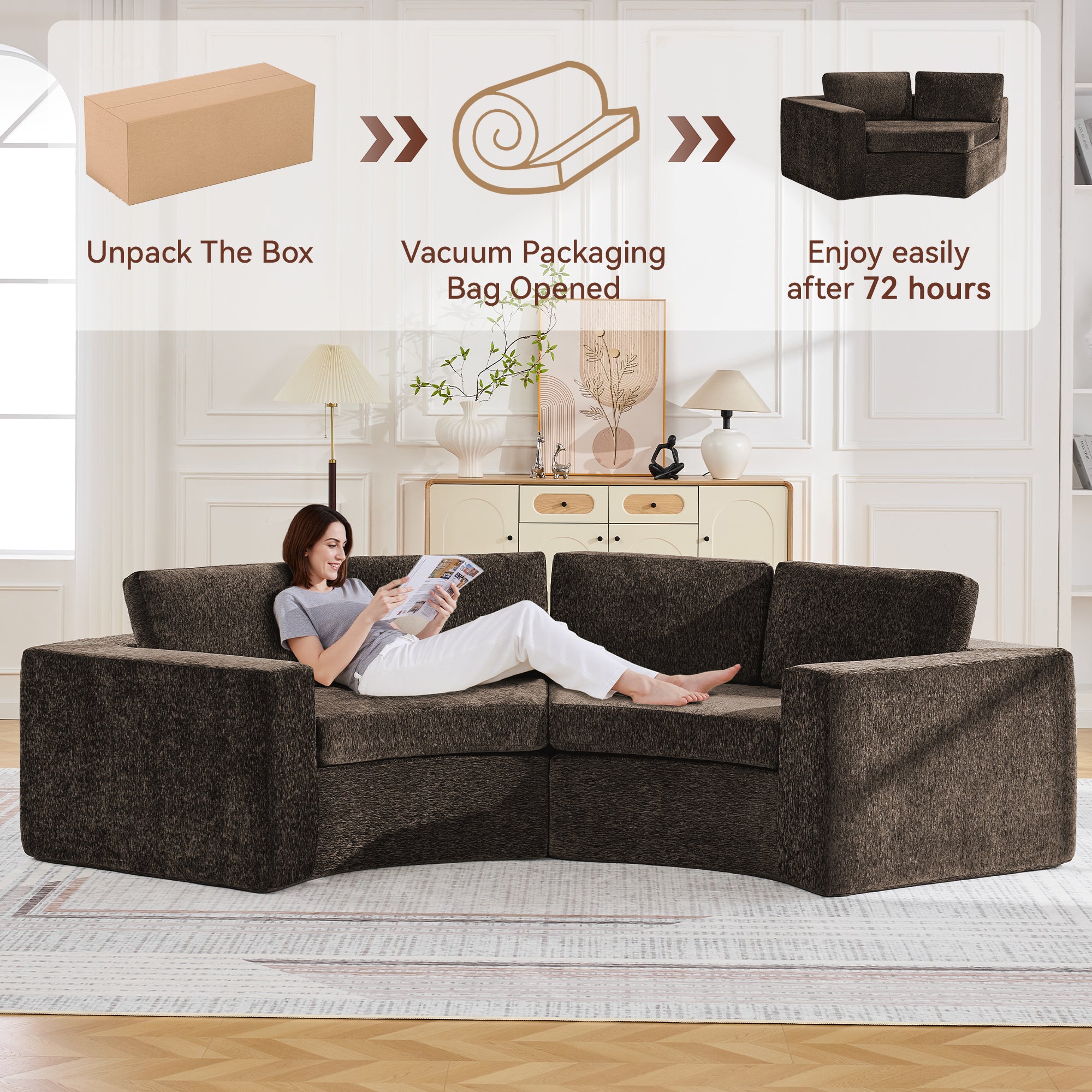 Curved Compression Sectional Couch，4 Seater，Brown