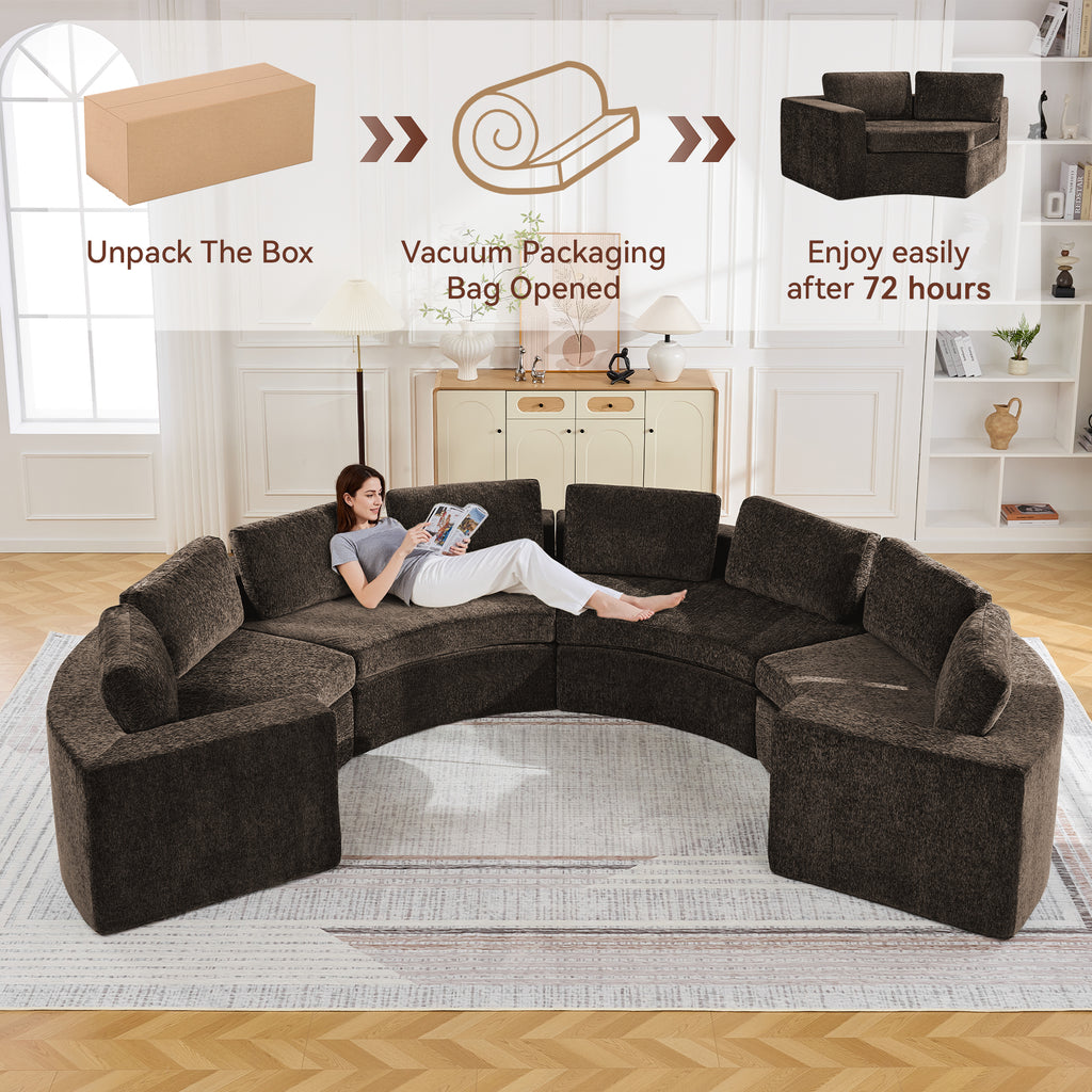 Curved Compression Sectional Couch，8 Seater，Brown