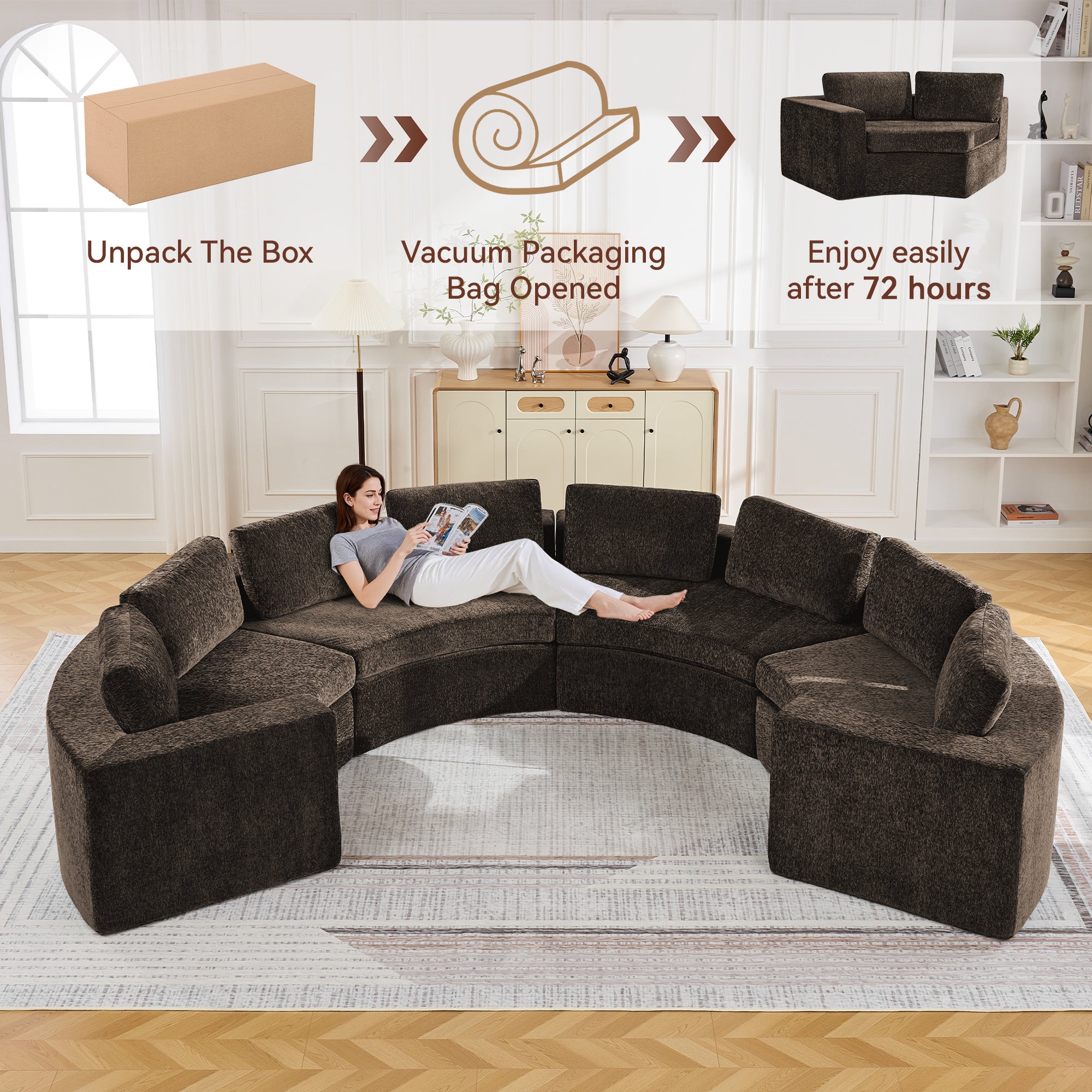 Curved Compression Sectional Couch，8 Seater，Brown