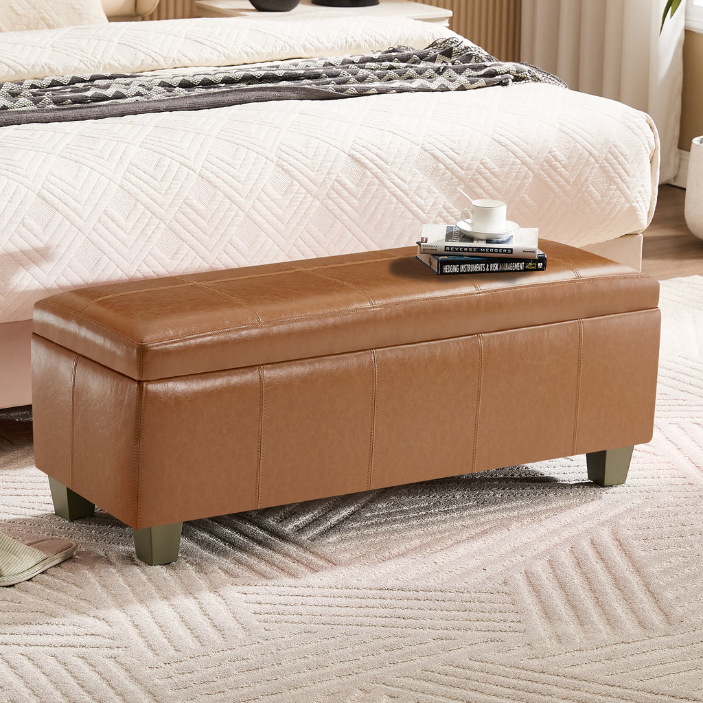 Faux Leather Storage Ottoman Bench, Rectangle Upholstered Storage Bench with Wooden Legs, Stitch Tufted Bench with Storage for Bedroom, Living Room, Entryway