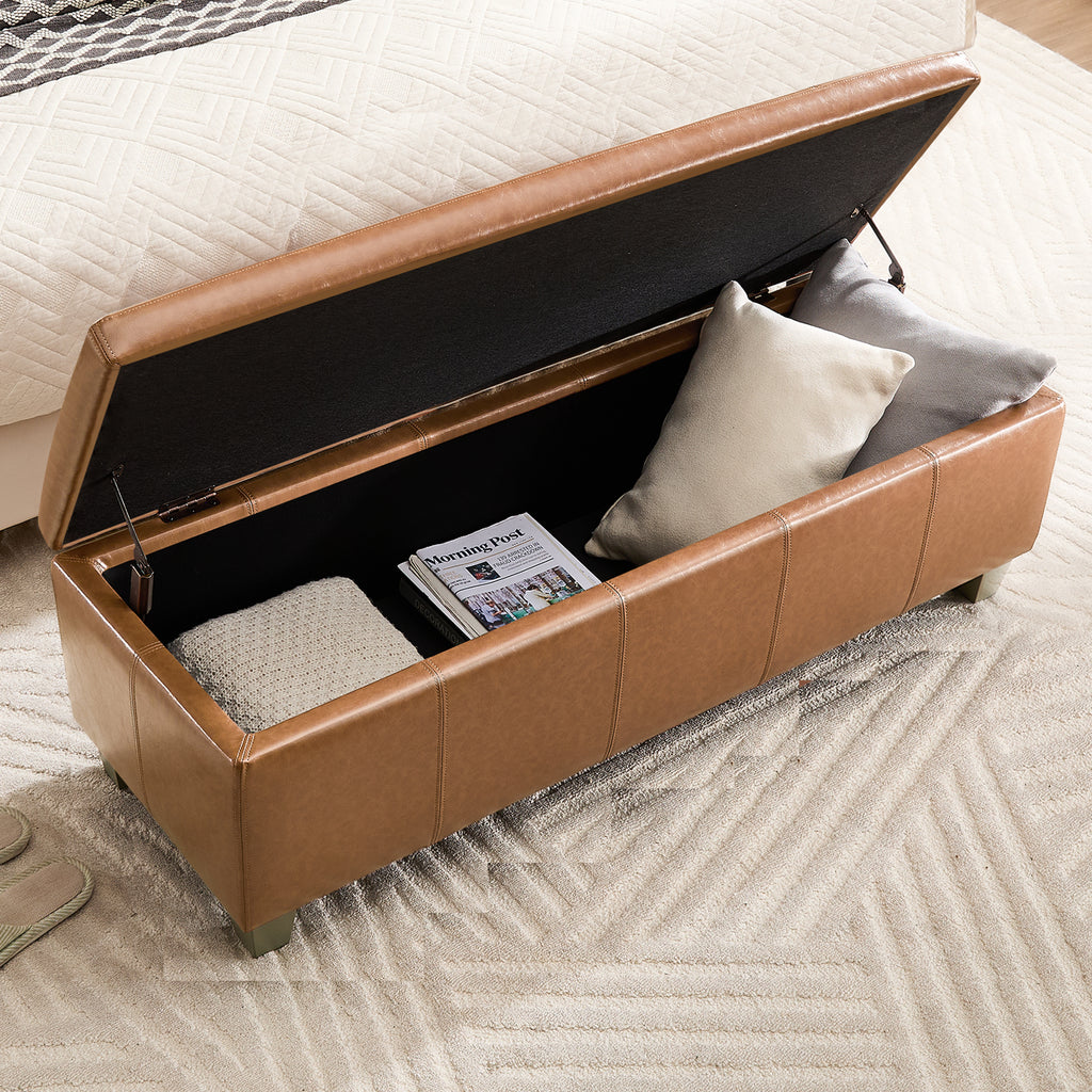 Faux Leather Storage Ottoman Bench, Rectangle Upholstered Storage Bench with Wooden Legs, Stitch Tufted Bench with Storage for Bedroom, Living Room, Entryway