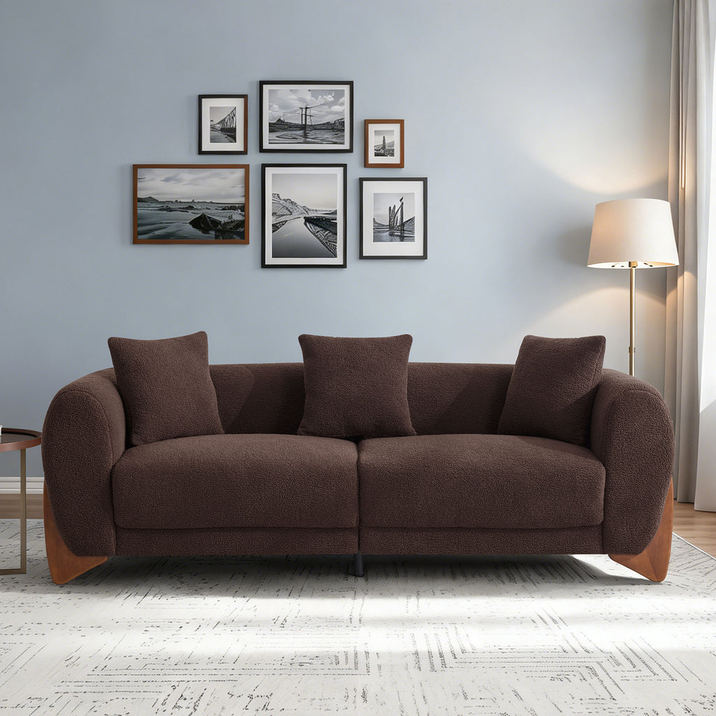 87" Boucle Couch with Solid Wood Legs,Brown