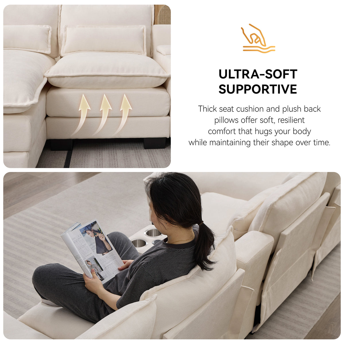 125'' U Shaped Cloud Modular Sectional Sofa with Chaise Lounges, Chenille Upholstered Comfy Couch with Storage Console, USB Charging Ports & Cup Holders, Modern Deep Seat Sofa for Living Room
