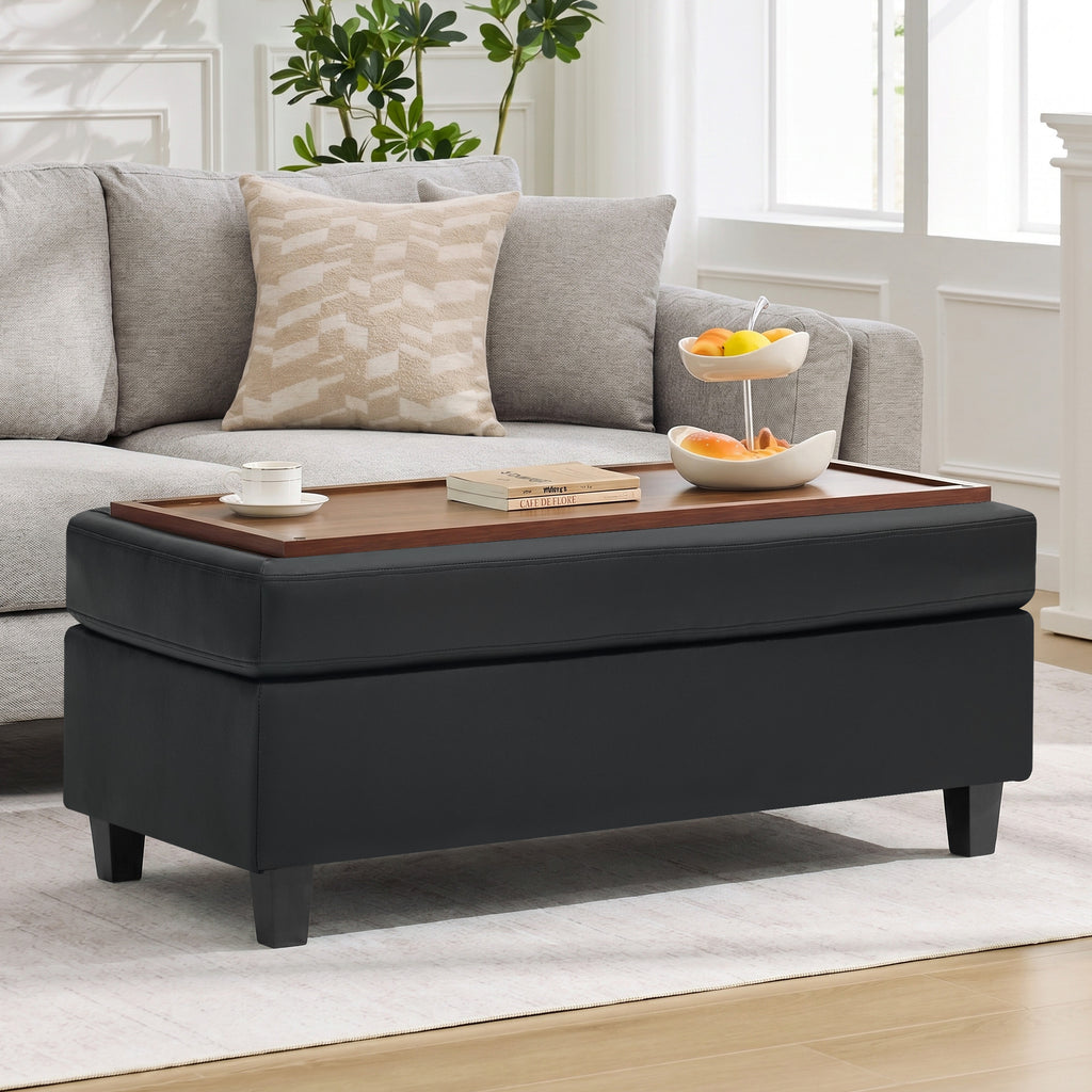 HASLE Storage Ottoman Bench with Wooden Tray, Upholstered Ottoman Coffee Table with Hidden Storage for Living Room Bedroom