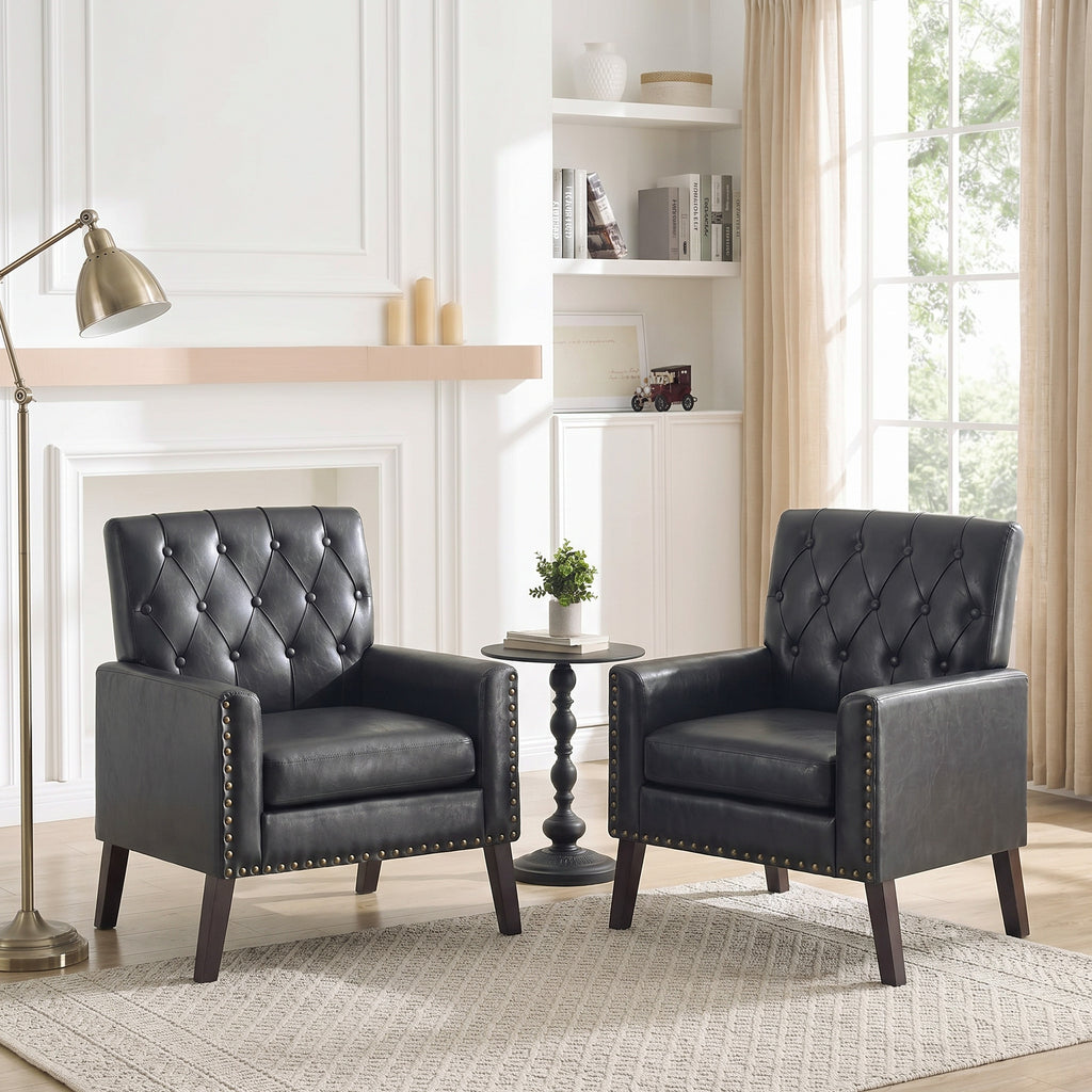 Mid Century Modern Accent Chair, Black Faux Leather Club Chair for Living Room, Bedroom, Office, or Reception Room
