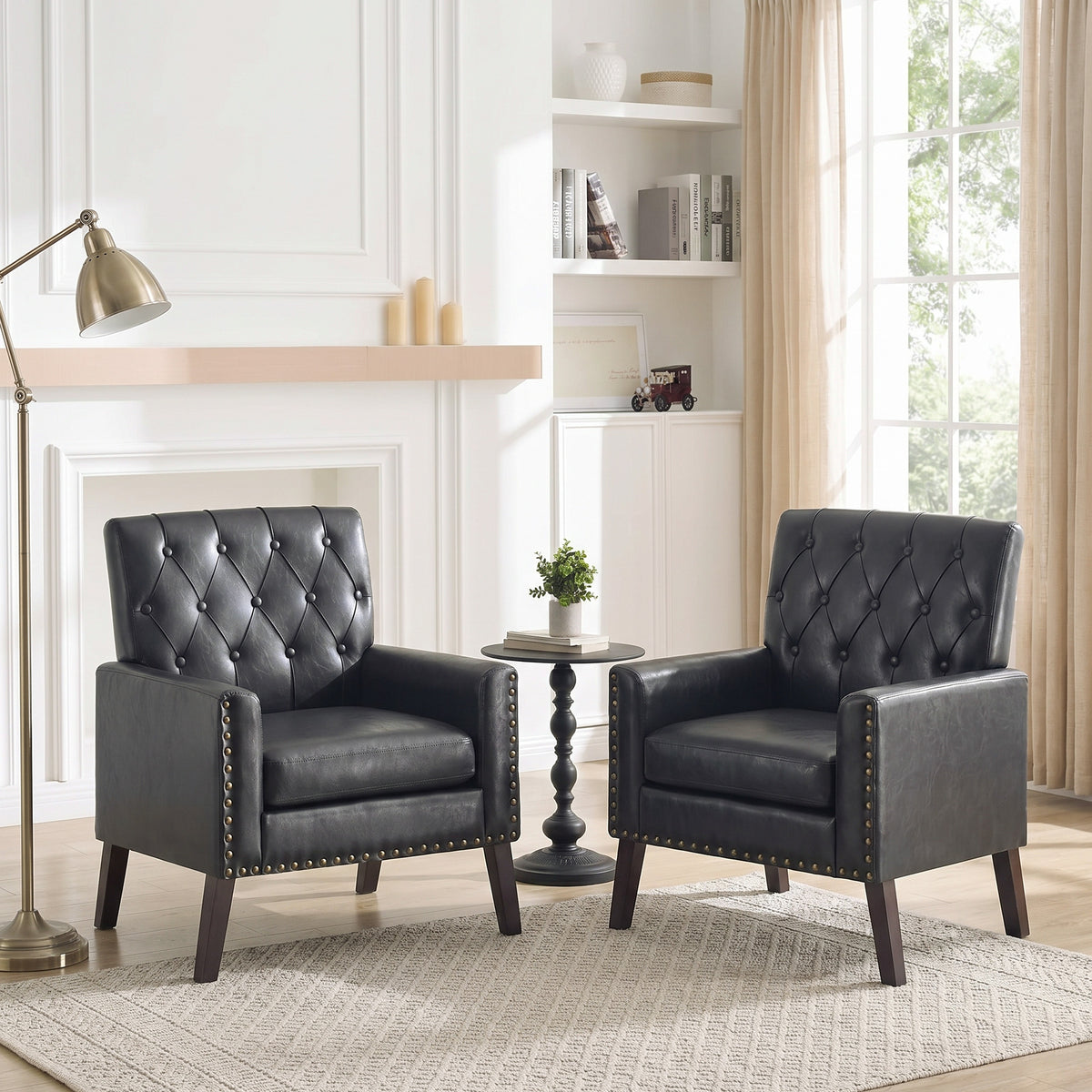Mid Century Modern Accent Chair, Black Faux Leather Club Chair for Living Room, Bedroom, Office, or Reception Room