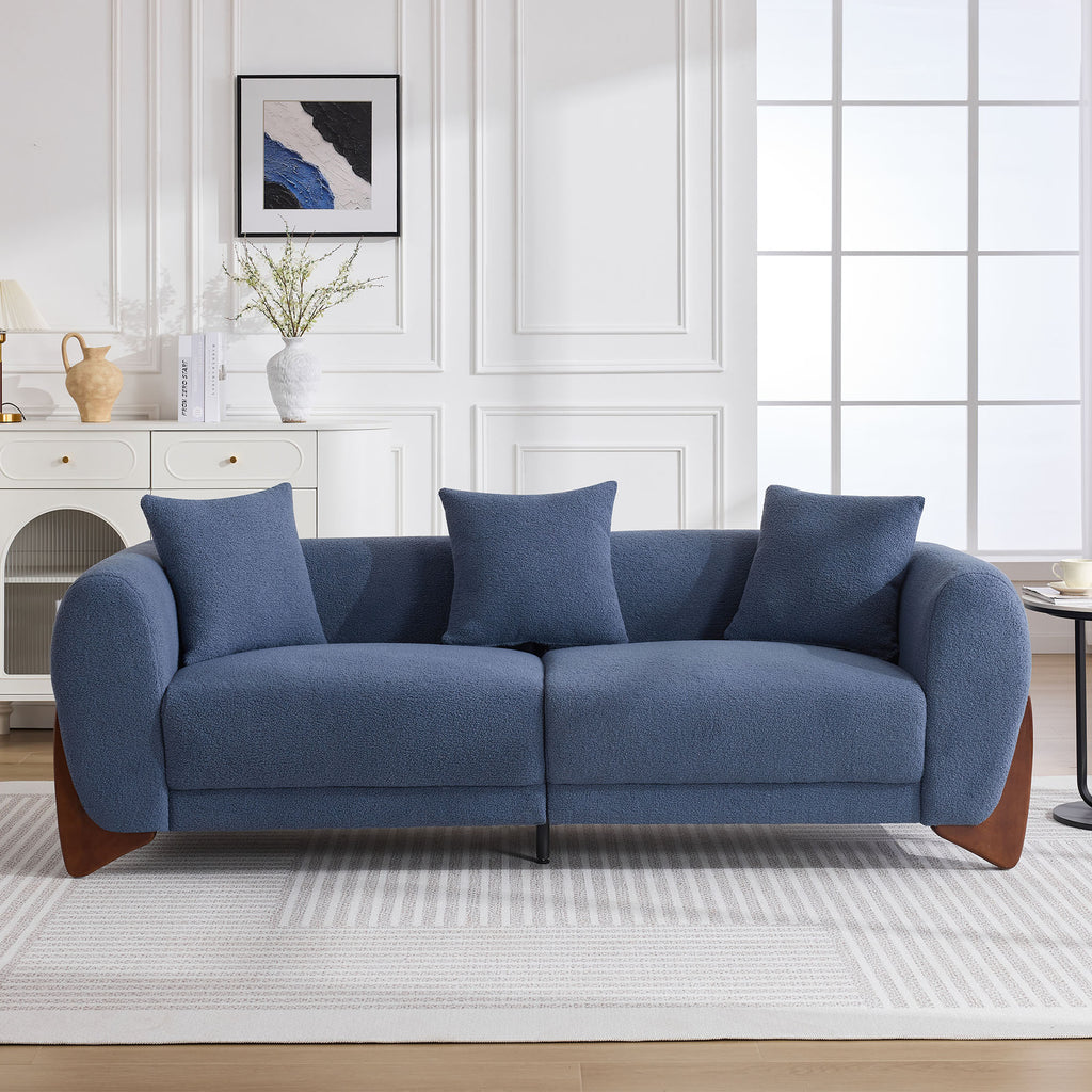 87" Boucle Couch with Solid Wood Legs,Blue