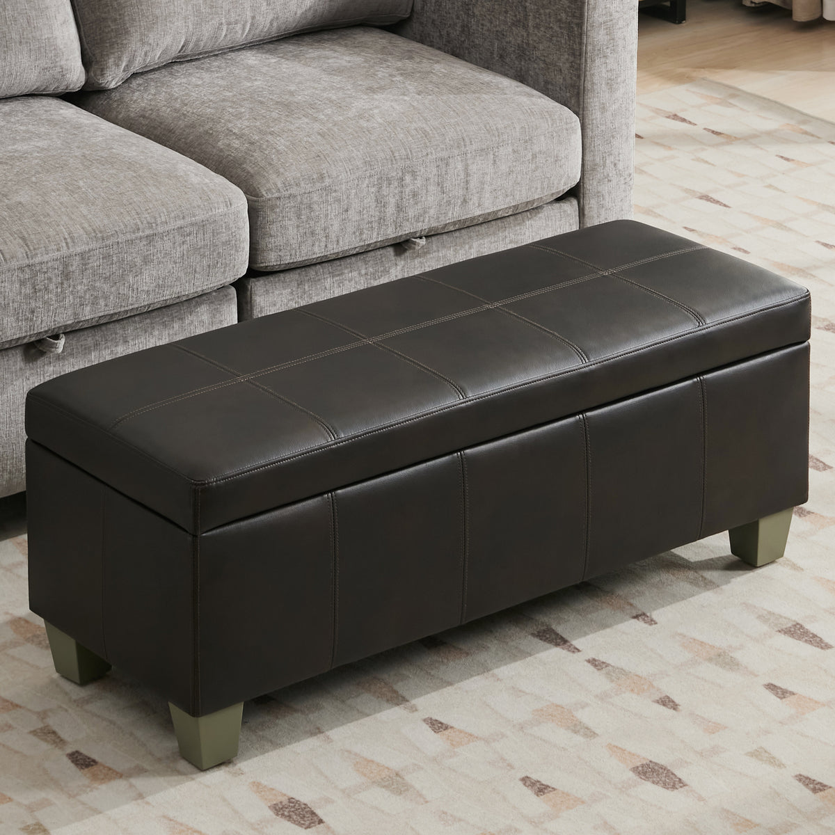 Faux Leather Storage Ottoman Bench, Rectangle Upholstered Storage Bench with Wooden Legs, Stitch Tufted Bench with Storage for Bedroom, Living Room, Entryway