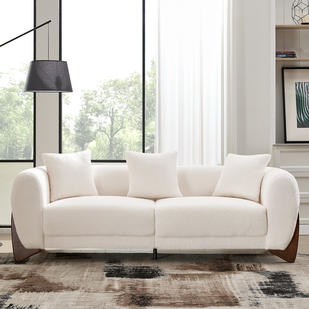 87" Boucle Couch with Solid Wood Legs,Beige