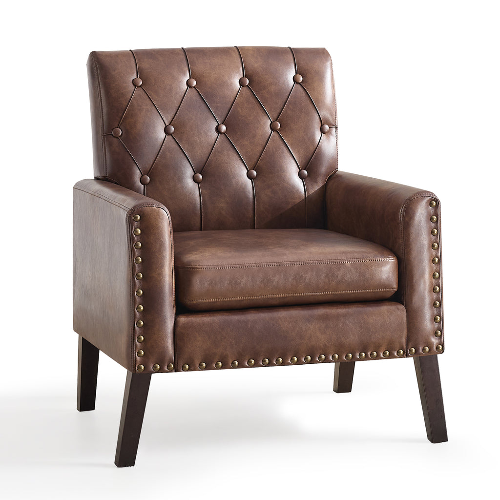 Mid Century Modern Accent Chair, Dark Brown Faux Leather Club Chair for Living Room, Bedroom, Office, or Reception Room