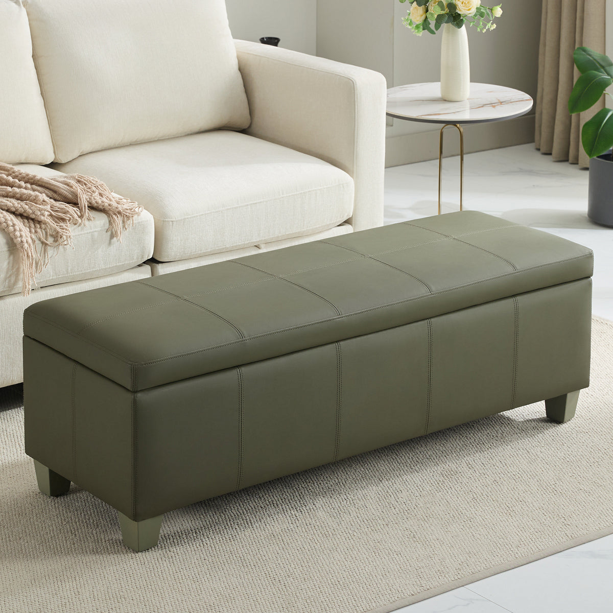 Faux Leather Storage Ottoman Bench, Rectangle Upholstered Storage Bench with Wooden Legs, Stitch Tufted Bench with Storage for Bedroom, Living Room, Entryway
