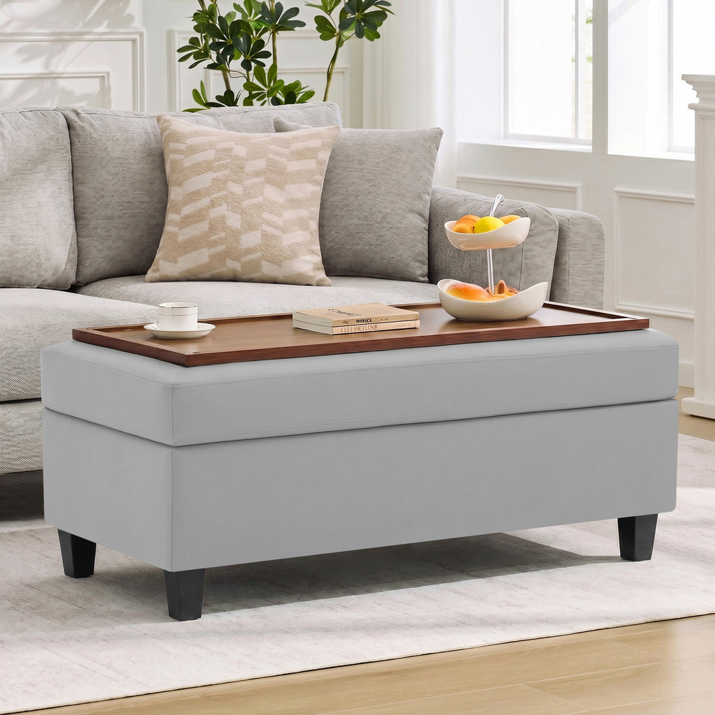 HASLE Storage Ottoman Bench with Wooden Tray, Upholstered Ottoman Coffee Table with Hidden Storage for Living Room Bedroom