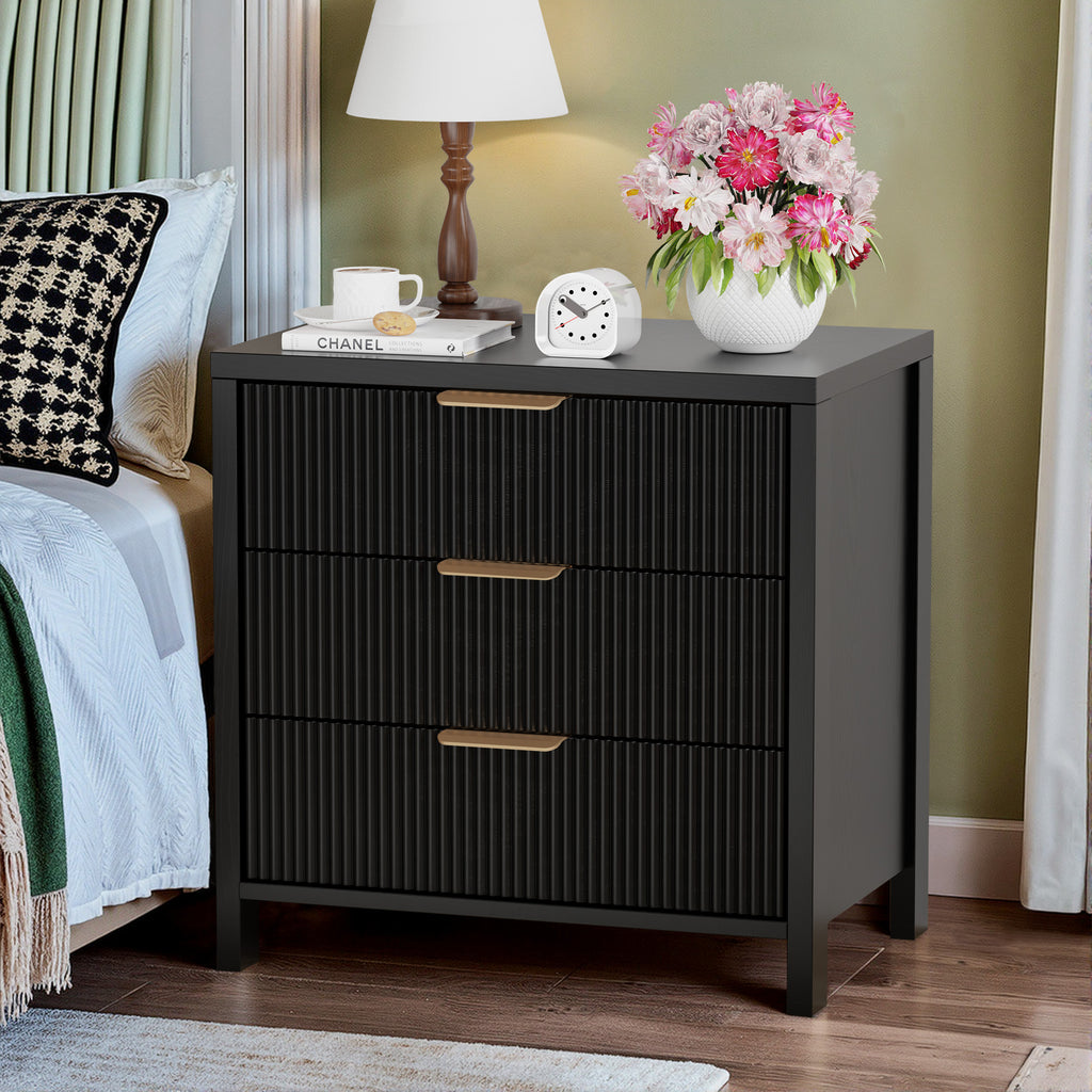 HASLE Fluted Nightstand with 3 Drawers, Mid-Century Modern Bedside Table, 23.7'' Wide Wood End Table for Bedroom, Black Finish