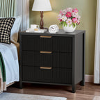 HASLE Fluted Nightstand with 3 Drawers, Mid-Century Modern Bedside Table, 23.7'' Wide Wood End Table for Bedroom, Black Finish