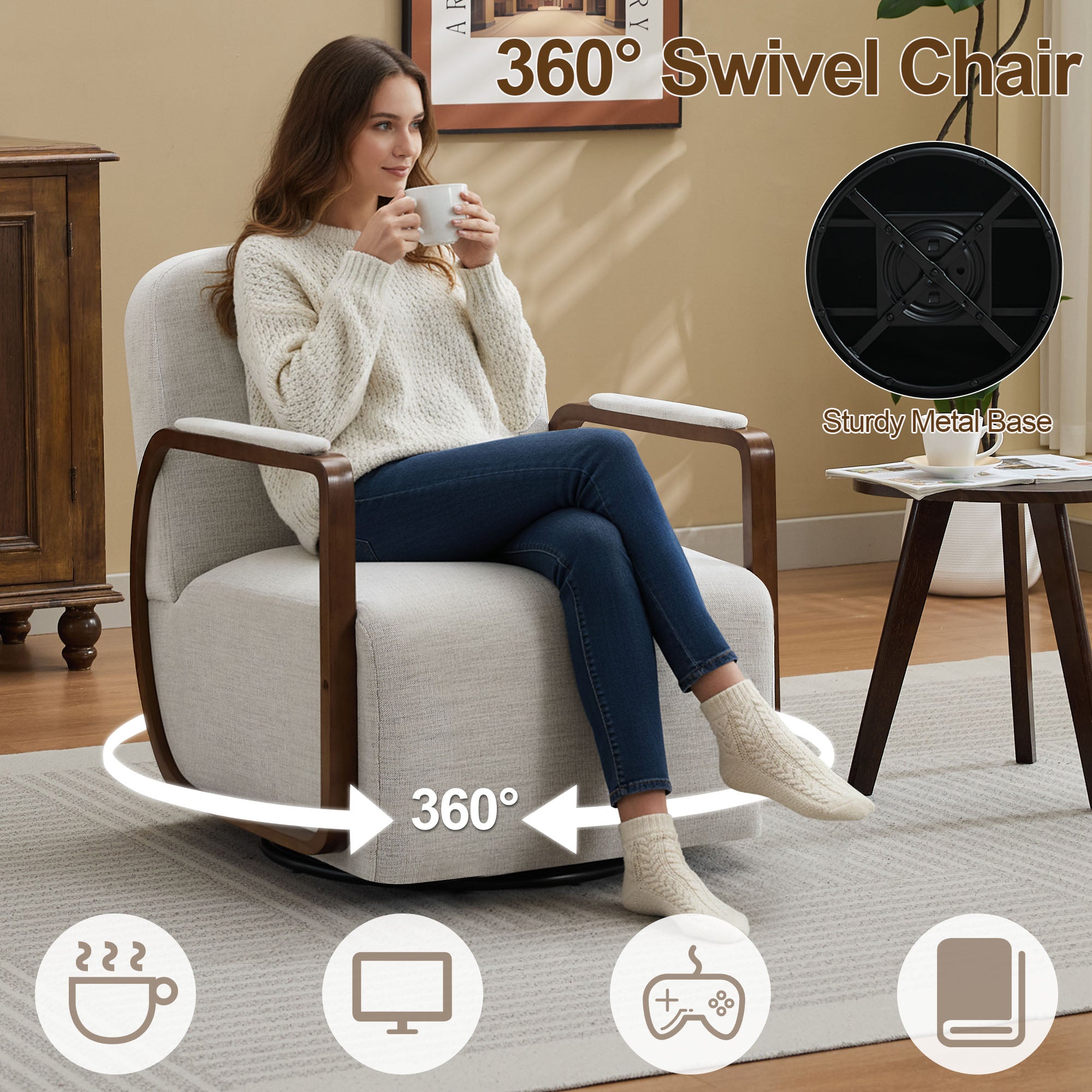 Chenille Upholstered Swivel Accent Chairs，Beige