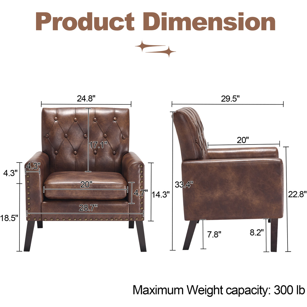 Mid Century Modern Accent Chair, Dark Brown Faux Leather Club Chair for Living Room, Bedroom, Office, or Reception Room