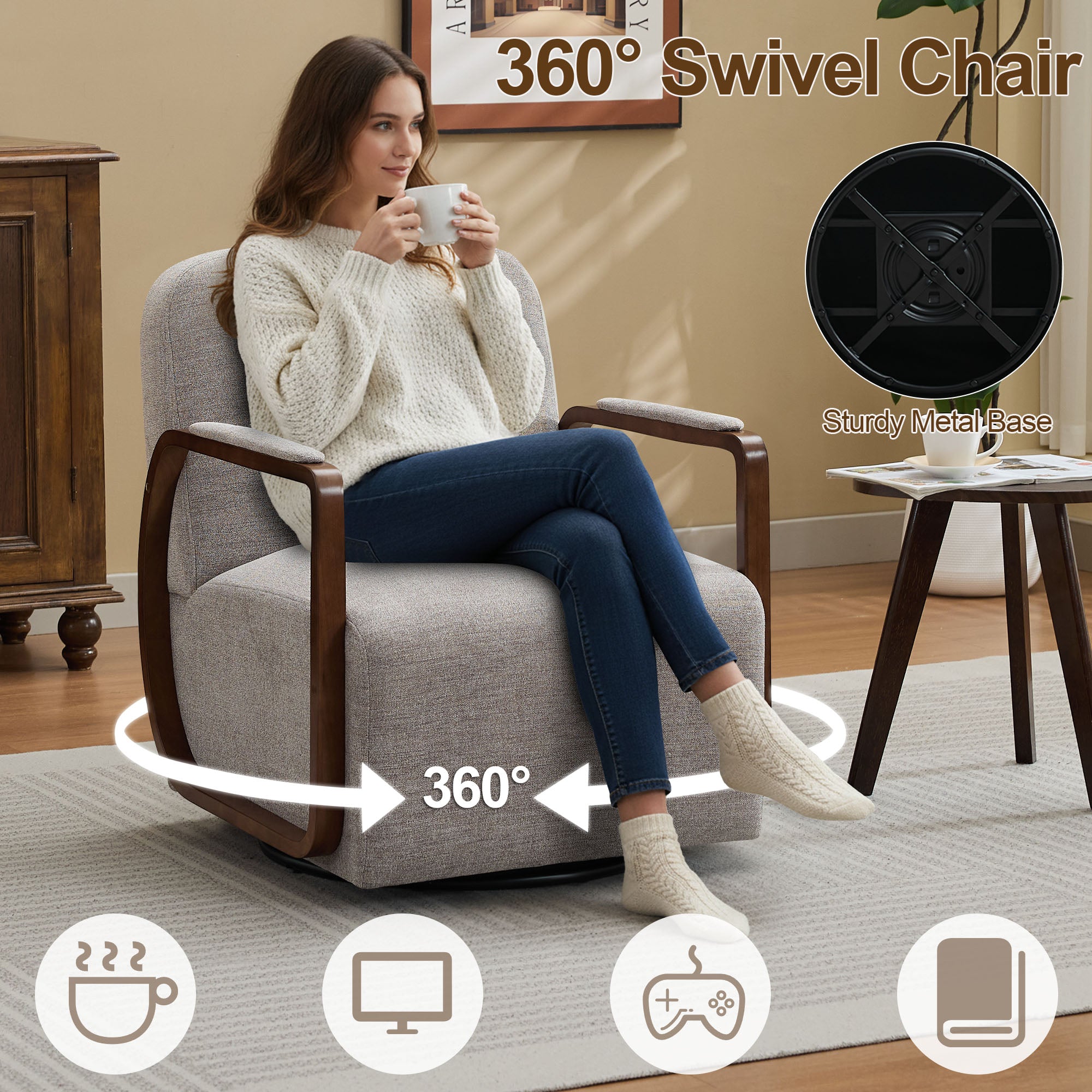 Chenille Upholstered Swivel Accent Chairs，Taupe