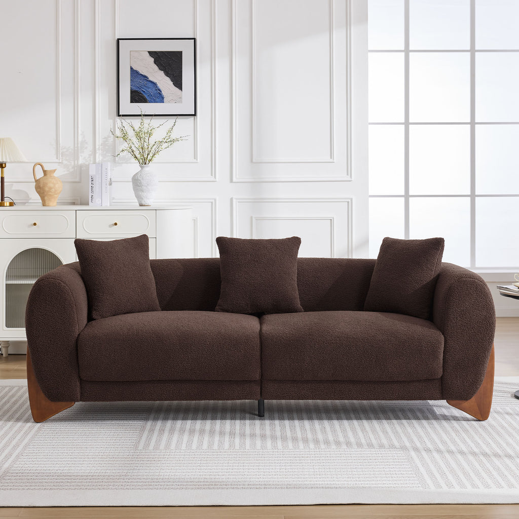 87" Boucle Couch with Solid Wood Legs,Brown