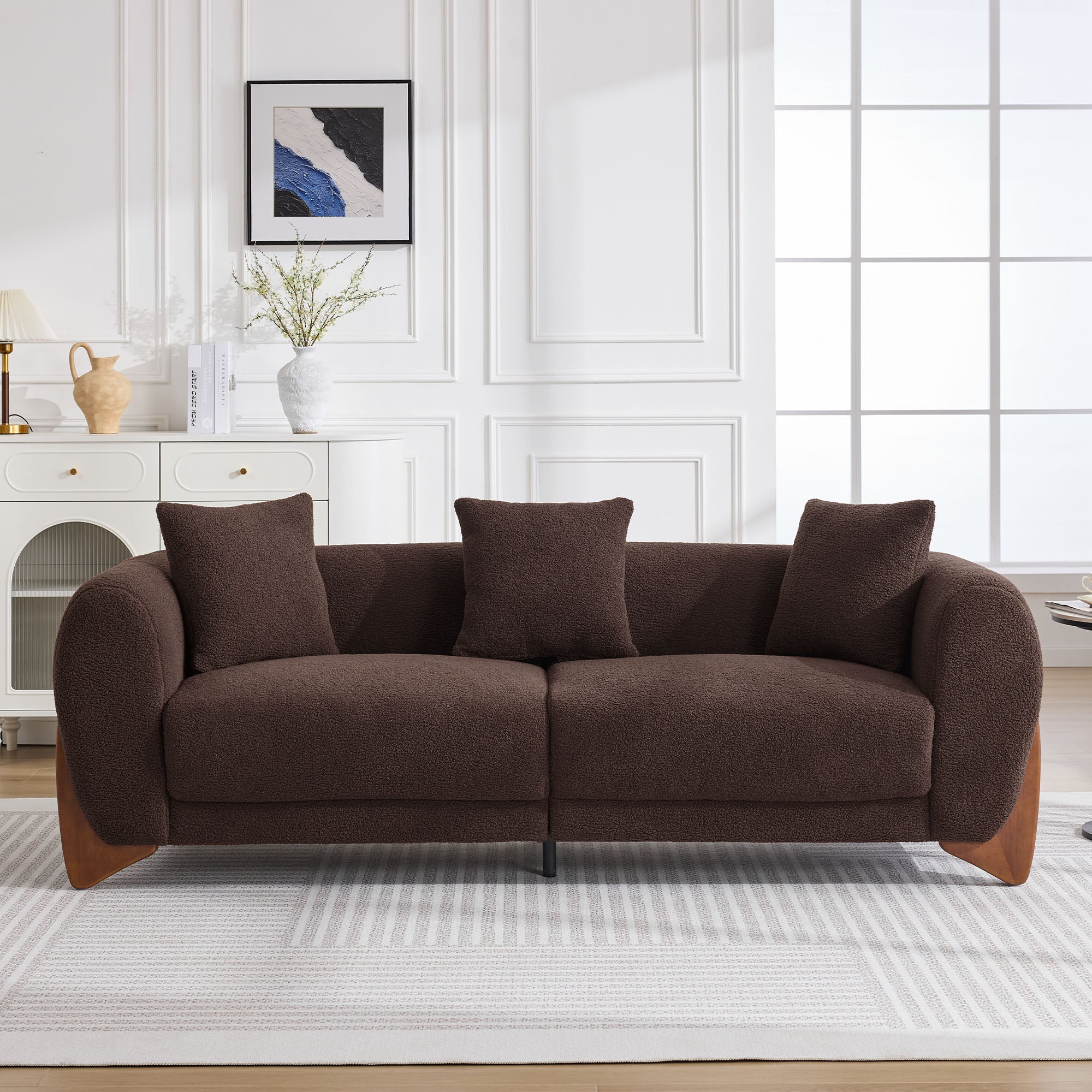 87" Boucle Couch with Solid Wood Legs,Brown