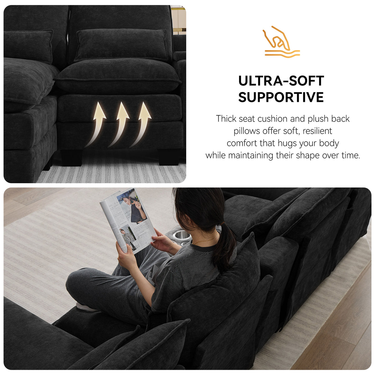 125'' U Shaped Cloud Modular Sectional Sofa with Chaise Lounges, Chenille Upholstered Comfy Couch with Storage Console, USB Charging Ports & Cup Holders, Modern Deep Seat Sofa for Living Room