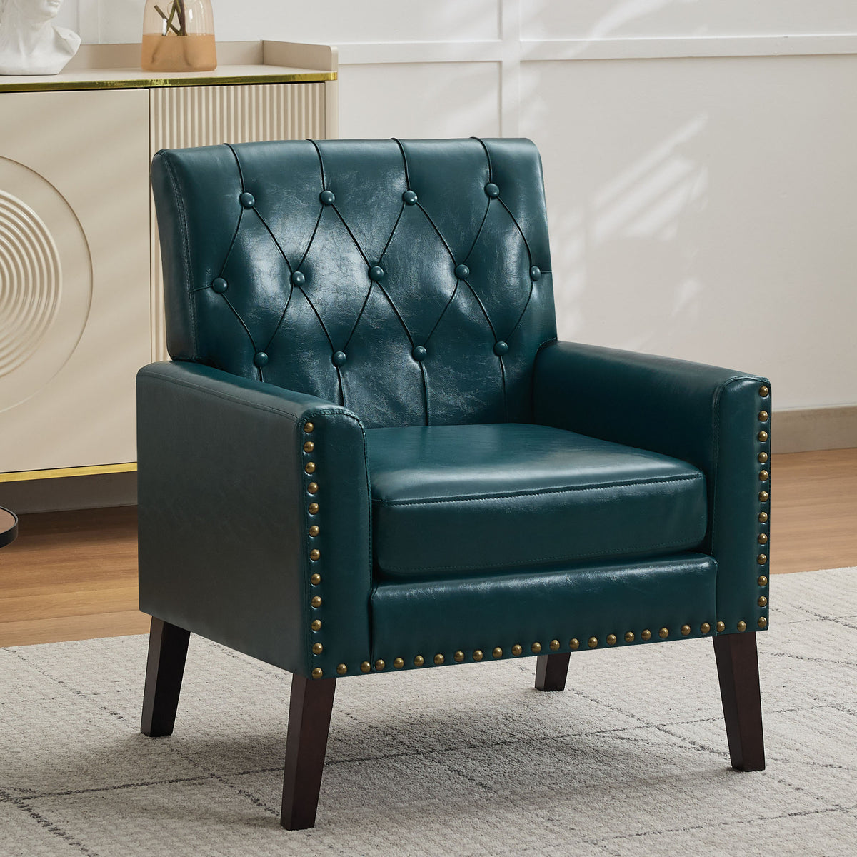 Mid Century Modern Accent Chair, Forest Green Faux Leather Club Chair for Living Room, Bedroom, Office, or Reception Room