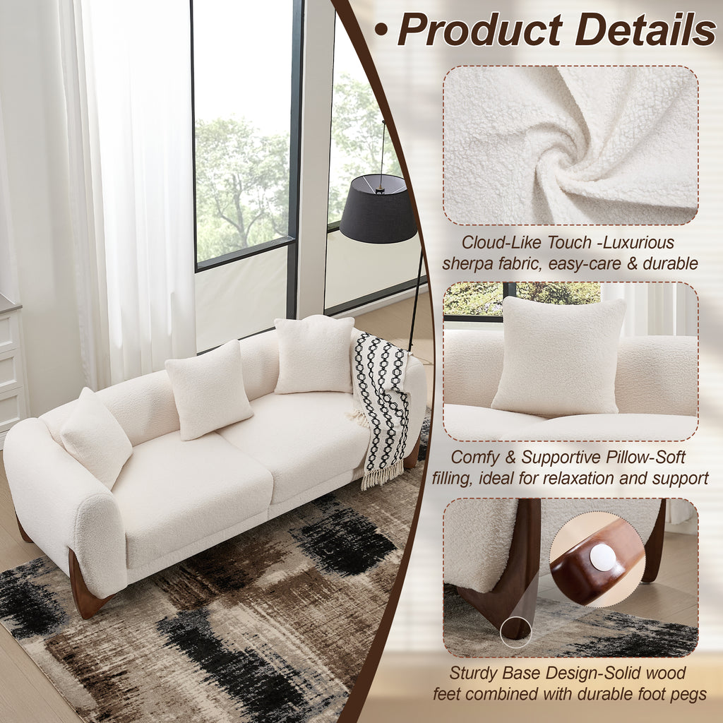 87" Boucle Couch with Solid Wood Legs,Beige