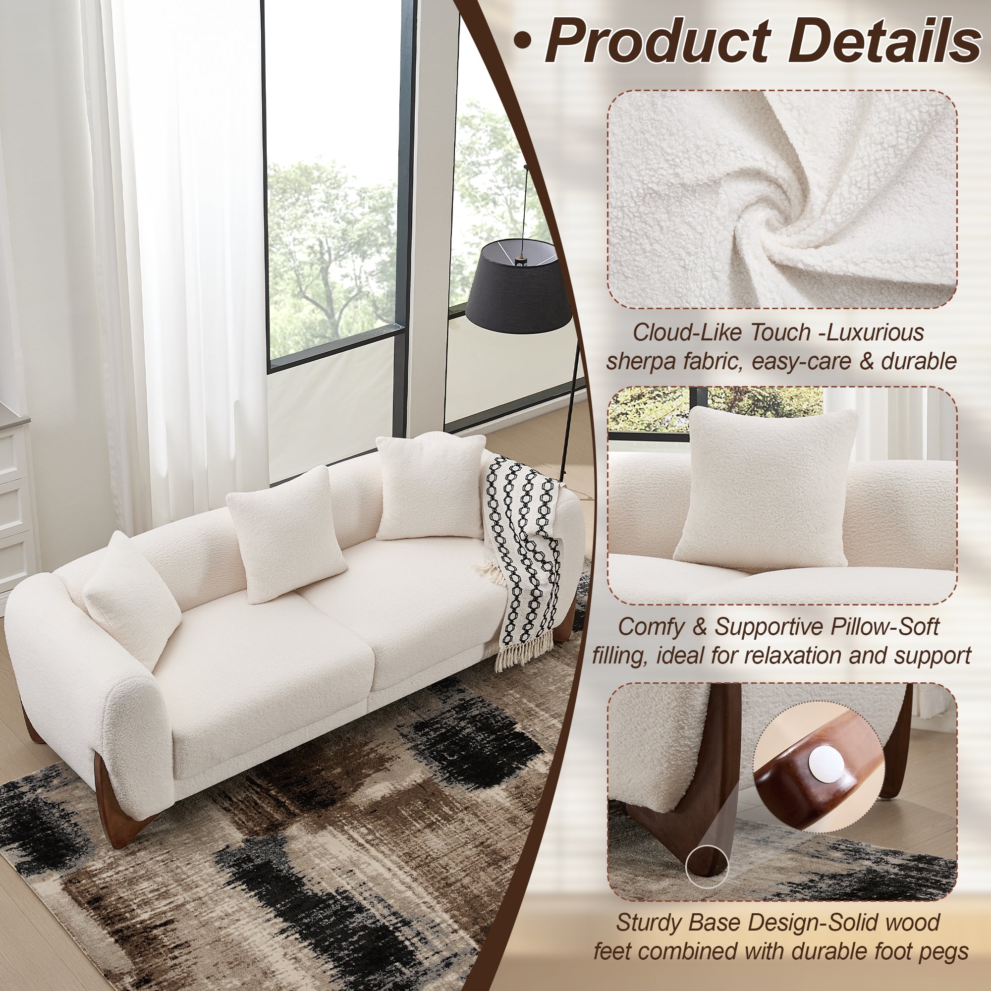 87" Boucle Couch with Solid Wood Legs,Beige