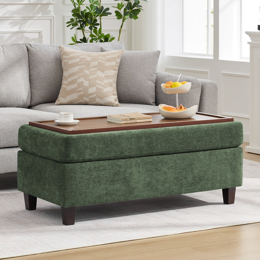 HASLE Storage Ottoman Bench with Wooden Tray, Upholstered Ottoman Coffee Table with Hidden Storage for Living Room Bedroom