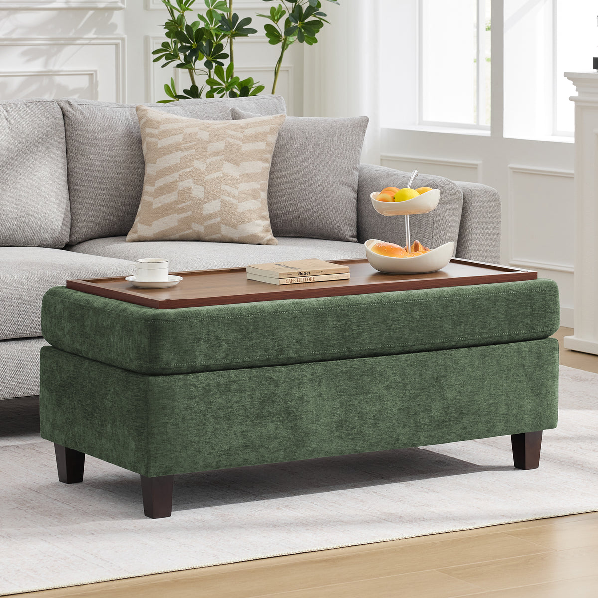 HASLE Storage Ottoman Bench with Wooden Tray, Upholstered Ottoman Coffee Table with Hidden Storage for Living Room Bedroom