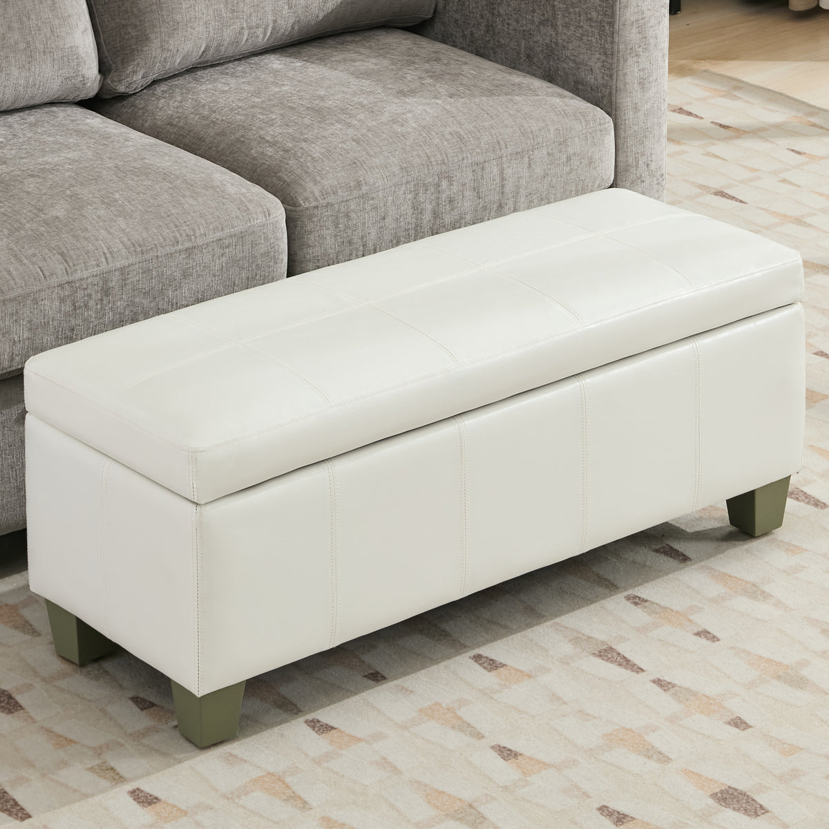 Faux Leather Storage Ottoman Bench, Rectangle Upholstered Storage Bench with Wooden Legs, Stitch Tufted Bench with Storage for Bedroom, Living Room, Entryway