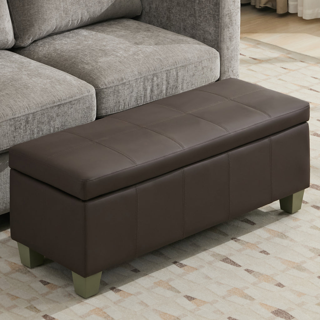 Faux Leather Storage Ottoman Bench, Rectangle Upholstered Storage Bench with Wooden Legs, Stitch Tufted Bench with Storage for Bedroom, Living Room, Entryway